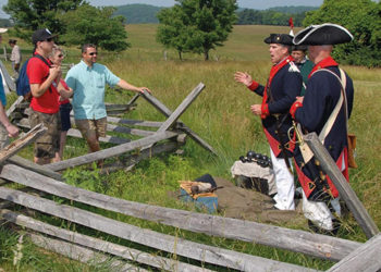 Living History Volunteers give a presentation on arms and equipment of the American War of Independence at the Valley Forge National Historical Park in Pennsylvania, United States. Source: The Valley Forge Tourism & Convention Board