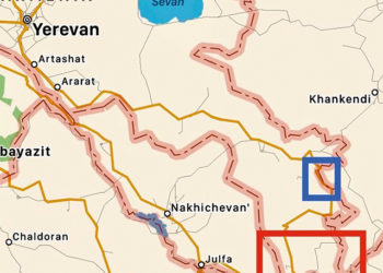The section of the Armenian-Iranian highway that is controlled by Azerbaijan following the Second Karabakh War is marked in blue. The section of the possible corridor connecting Turkey-Nakhichevan-the rest of Azerbaijan on Armenian territory near the Iranian border is marked in red