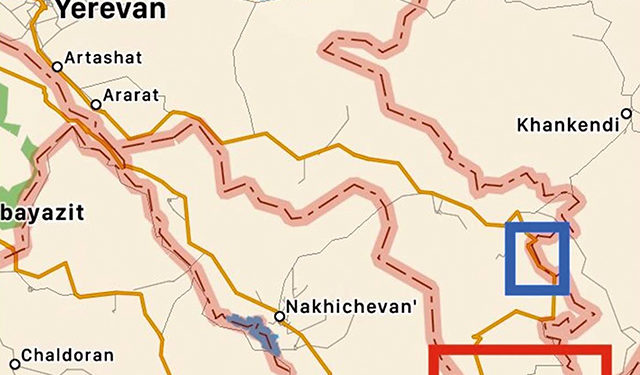 The section of the Armenian-Iranian highway that is controlled by Azerbaijan following the Second Karabakh War is marked in blue. The section of the possible corridor connecting Turkey-Nakhichevan-the rest of Azerbaijan on Armenian territory near the Iranian border is marked in red
