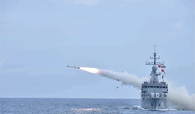 A Lekiu-class frigate firing an Exocet MM40 during operational exercise Taming Sari. These anti-ship missiles are specially designed to hit and sink enemy vessels. Royal Malaysian Navy photo