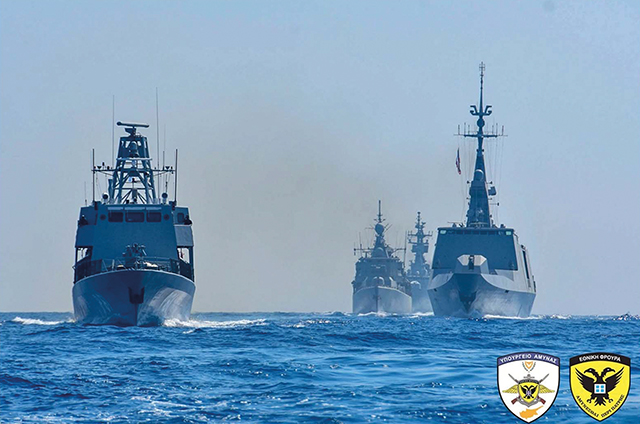 Cypriot and European navy vessels maneuver in formation during an exercise in 2020. Source: Cyprus Ministry of Defense