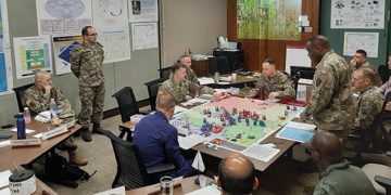 A resident seminar in the 2020 Class in the U.S. Army War College works its way through a round of the strategy game Joint Overmatch: Euro-Atlantic applying lessons learned throughout the year. Photo by Ken Gilliam/U.S. Army War College