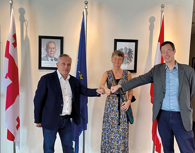 Alexander Kharlamov, Managing Director GW, Margret Schmidt, Head of IWA Georgia Charity Committee, and Ambassador Mühlmann. Almost 20 tons of used hospital and school equipment was donated from Denmark, facilitated by Austria