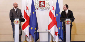 European Council President Charles Michel (left) and Georgian Prime Minister Irakli Garibashvili meet during mediation sessions. Source: European Council