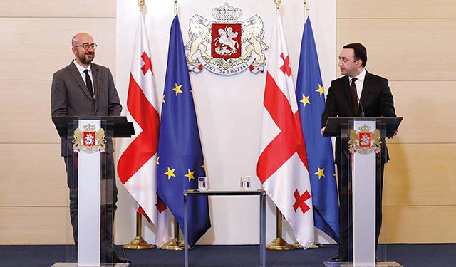 European Council President Charles Michel (left) and Georgian Prime Minister Irakli Garibashvili meet during mediation sessions. Source: European Council