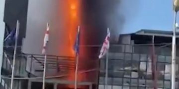 Fire in Sports Palace on University Street in Tbilisi