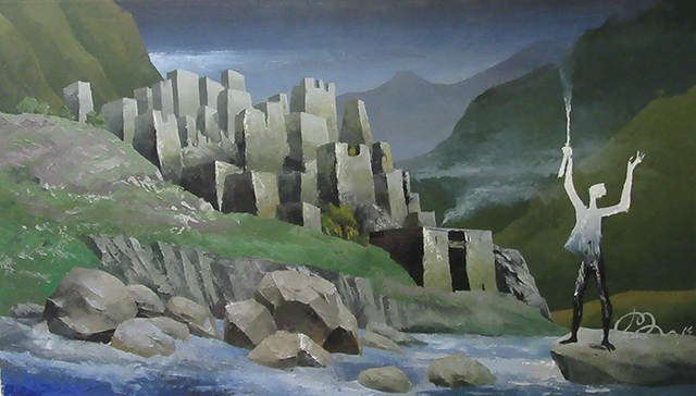 Alarm Fire in Shatili, Georgia. Oil on canvas. 80 x 140 cm. 2014. Shatili is a famous Georgian village in the high Caucasus Mountains, it is famous for its Towers and is listed in the World Cultural Heritage list of UNESCO. Unfortunately, Georgian people abandoned these towers and the painter Givi Vashakidze expressed his pain at the problem of Georgian Mountainous people, coming down to the big cities and leaving the old traditional villages empty.
