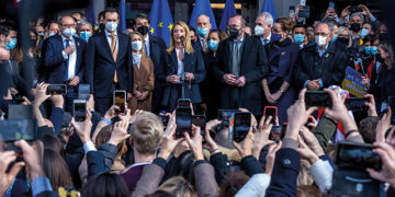 European Parliament President Roberta Metsola, center, speaks during a demonstration in front of the European Parliament in Brussels on March 1. Photo by Omar Havana/Getty Images