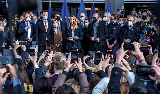 European Parliament President Roberta Metsola, center, speaks during a demonstration in front of the European Parliament in Brussels on March 1. Photo by Omar Havana/Getty Images
