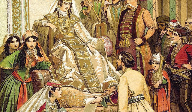 Rustaveli presenting Queen Tamar the epic poem, painting by Mihály Zichy. Image source: Wikipedia