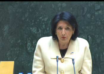 President of Georgia Enters Session Hall with Temporary Representative of Ukraine