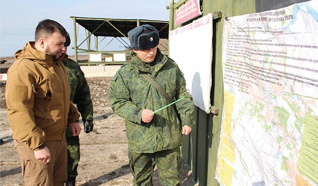 Head of the Donetsk People’s Republic Denis Pushilin inspecting combat training exercises of the DPR People’s Militia. DPR Official Photo