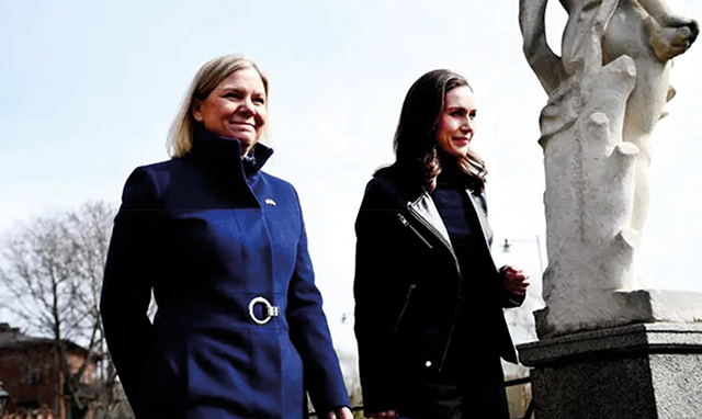 Sweden’s prime minister Magdalena Andersson, left, and Finland’s counterpart, Sanna Marin, met in Stockholm on 13 April. Source: Reuters