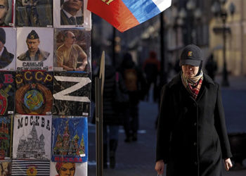 A view of a gift shop in Moscow, Russia, selling souvenirs and products with the letter "Z” among other Soviet and Putin motifs. By Pavel Pavlov/Anadolu Agency