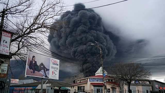 Smoke rises after an attack by the Russian army in Odessa, on April 3. By Bulent Kilic / AFP