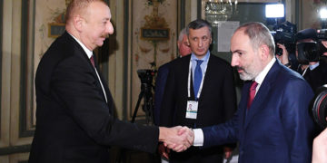President Ilham Aliyev of Azerbaijan and Prime Minister Nikol Pashinyan of Armenia greet each other before one on one meeting in Munich, Germany, February 2020. Source: President.Az