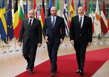 Armenian Prime Minister Nikol Pashinian, President of the European Council Charles Michel and Azerbaijan's President Ilham Aliyev, arrive for an official picture before their meeting at the European Council in Brussels on April 6. Source: AFP