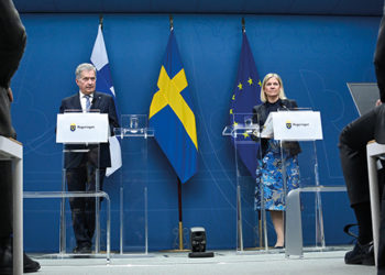 President of Finland Sauli Niinisto, left, and Swedish Prime Minister Magdalena Andersson attend a joint news conference in Stockholm, Tuesday May 17. By Anders Wiklund/AP