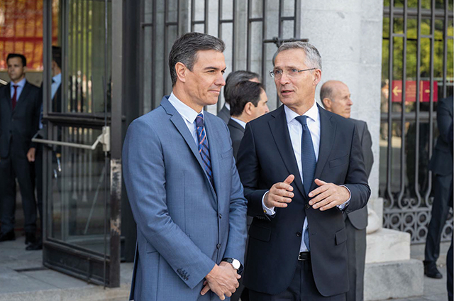 NATO Secretary General Jens Stoltenberg (right) visits with the Spanish Prime Minister Pedro Sánchez (left). Source: NATO