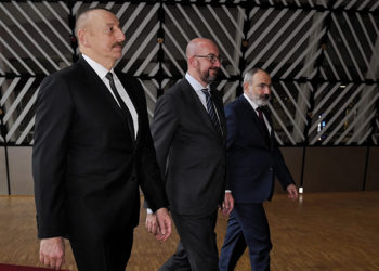 Azerbaijani President Ilham Aliyev, European Council President Charles Michel, and Armenian Prime Minister Nikol Pashinyan meet in Brussels. Source: Charles Michel, Twitter, May 24