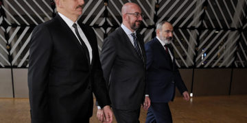 Azerbaijani President Ilham Aliyev, European Council President Charles Michel, and Armenian Prime Minister Nikol Pashinyan meet in Brussels. Source: Charles Michel, Twitter, May 24