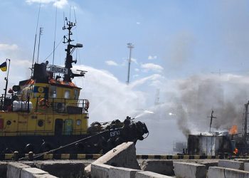 Firefighters working to put out a fire in a sea port of Odessa, southern Ukraine, July 23. Source: Odessa City Hall Press Office via EPA