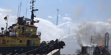Firefighters working to put out a fire in a sea port of Odessa, southern Ukraine, July 23. Source: Odessa City Hall Press Office via EPA