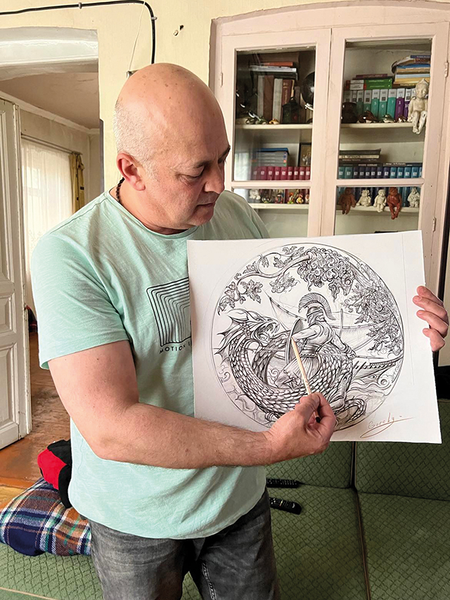 Artist Kakhaber Topchishvili with his sketch for 'Jason and the Argonauts.'
