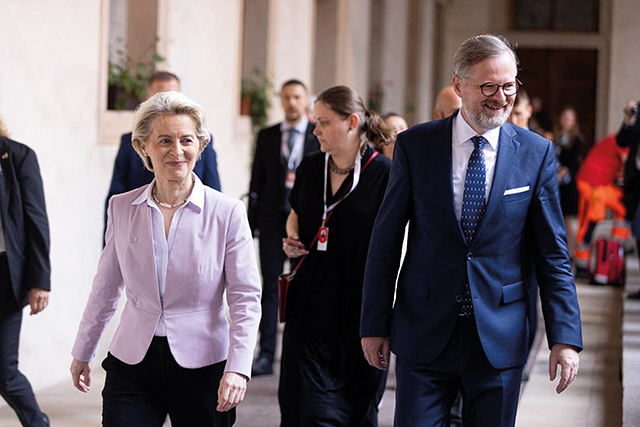 Petr Fiala (right), the Prime Minister of the Czech Republic, and Ursula von der Leyen (left), President of the European Commission, after speaking in Brussels. Source: Czech Presidency of the Council of the European Union
