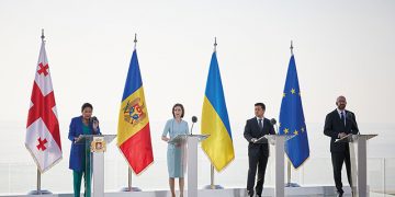 The presidents of Georgia, Moldova, Ukraine with the president of the European Council at the Batumi International Conference in July 2021. Source: Presidential administration of Ukraine wikimedia.org