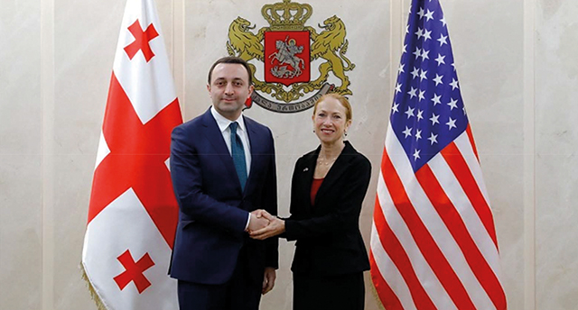 Georgian Prime Minister Iralki Gharibashvili and US Ambassador to Georgia Kelly Degnan during a meeting in Tbilisi. Georgian Ministry of Defense photo