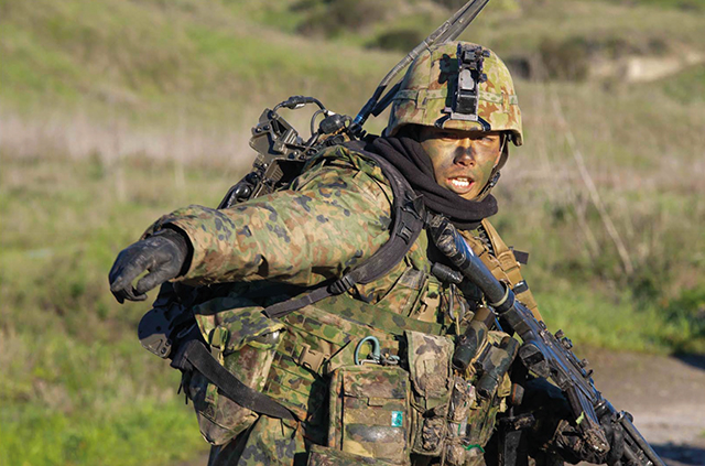 A member of the Japan Ground Self-Defense Force (JGSDF) during training exercises in the United States. Photo by the United States Marine Corps