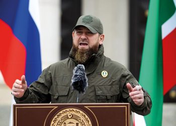 Ramzan Kadyrov addresses servicemen attending a review of the Chechen Republic's troops and military hardware in Grozny. Source: Musa Sadulayev/AP Photo