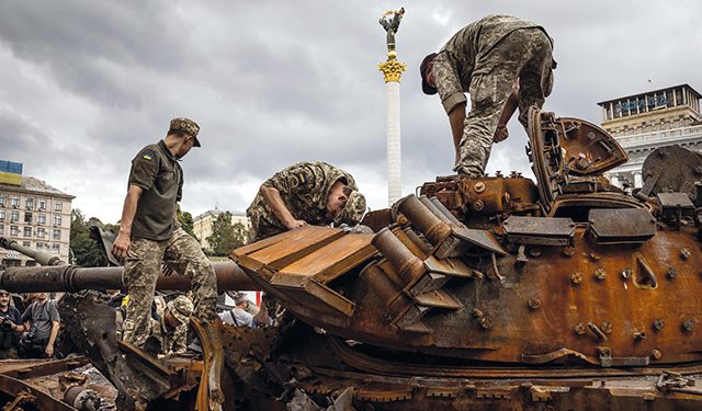 Captured Russian military hardware is displayed in Kyiv. Photo by Jim Huylebroek / NY Times