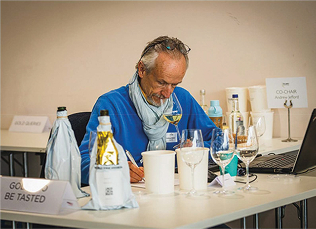 Decanter Co-Chair Andrew Jefford judges a wine at the 2022 Decanter World Wine Awards