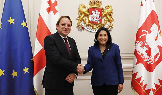 EU Commissioner for Neighborhood and Enlargement Olivér Várhelyi with the Georgian President. Source: 1tv.ge