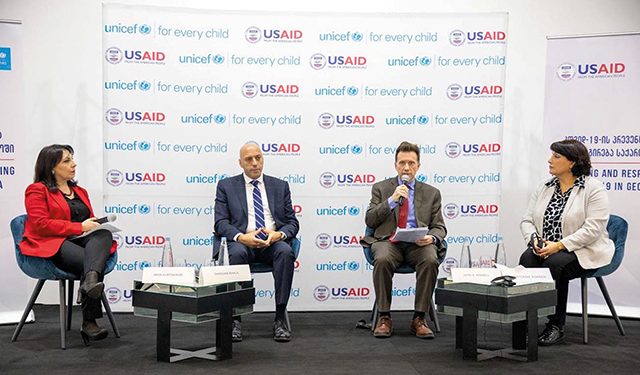 Ghassan Khalil (center left) and John Pennell (center right) sharing thoughts during the event in Tbilisi. Source: UNICEF/Blagonravova
