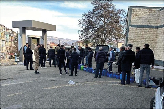 Armenian civilians in Stepanakert line up for gasoline rations. Photo by Armenian Ambassador-at-Large Edmon Marukyan via Twitter