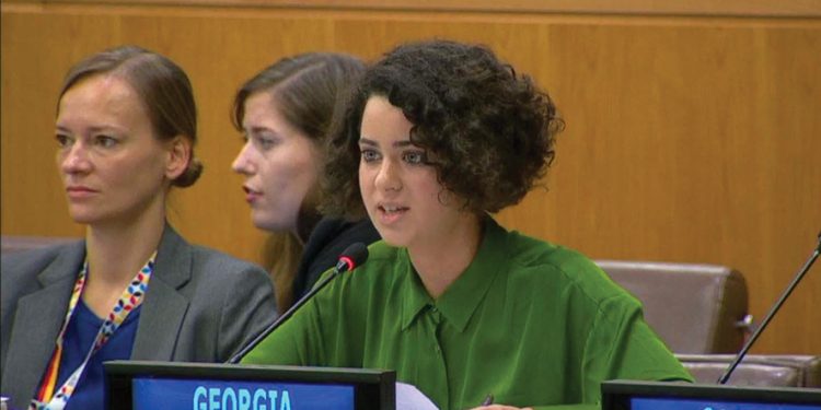 Lika Torikashvili delivering a statement on behalf of Georgian youth at the United Nations 73rd General Assembly