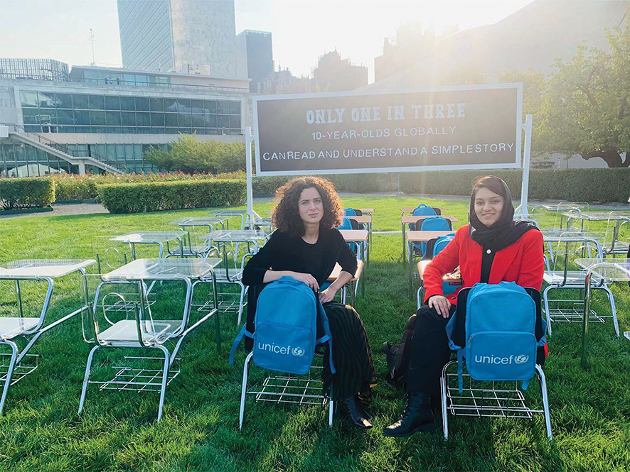 Torikashvili together with a former United Nations Youth Delegate of Afghanistan and a fellow peace activist, Aisha Khuram, at the UN Transforming Education Summit 