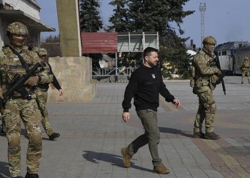 Ukrainian President Volodymyr Zelensky arrives at the train station in Trostianets in the Sumy region of Ukraine on Tuesday. Source: Efrem Lukatsky / Associated Press
