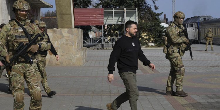Ukrainian President Volodymyr Zelensky arrives at the train station in Trostianets in the Sumy region of Ukraine on Tuesday. Source: Efrem Lukatsky / Associated Press