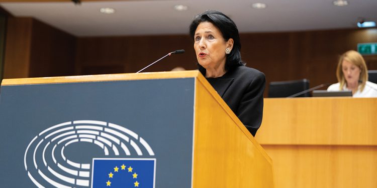 Georgian President Salome Zurabishvili speaking at the European Parliament in Brussels. Photo from the European Parliament