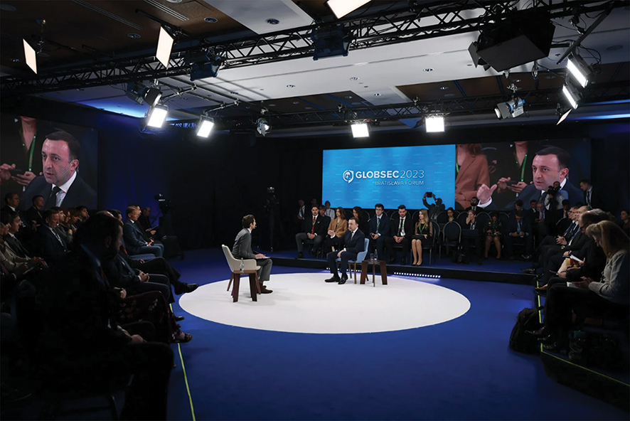 Georgia’s Prime Minister answering questions during GLOBSEC 2023 in Bratislava, Slovakia. Photo from GLOBSEC