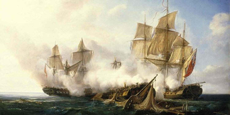 French frigate Pomone fighting the HMS Alceste and Active during the Action of 29 November 1811. By Pierre-Julien Gilbert