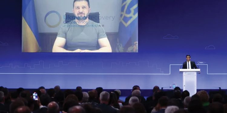 President Zelensky speaking at the ‘Ukraine Recovery Conference' in London. Photo by Henry Nicholls | AFP | Getty Images