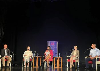BBC's World Questions. Left to Right: Kornely Kakachia, Mariam Lashkhi, Anu Anand, Tina Bokuchava and Levan Ghambashidze. Photo by Salome Svanadze