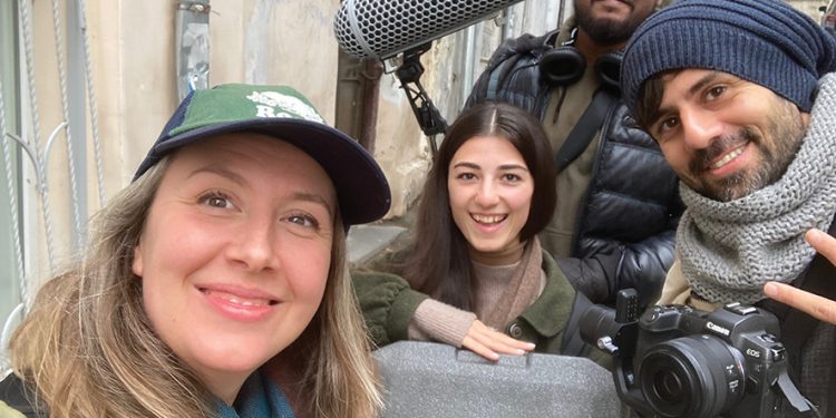 Michelle with some of the crew members for Wires documentary, including Mehrdad Ruien on the far right.