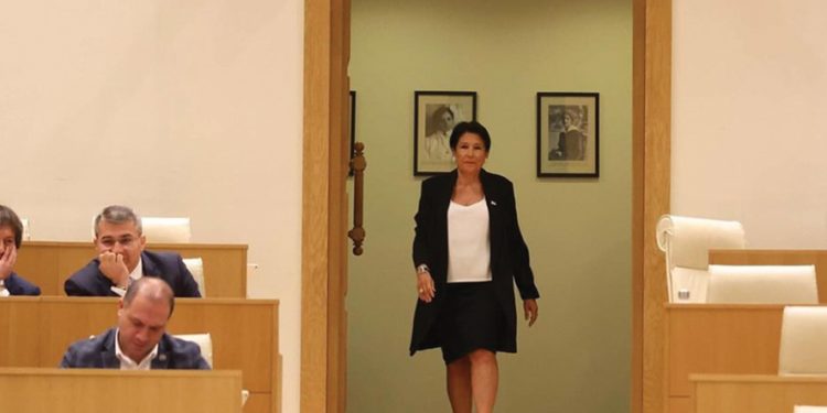 President Salome Zurabishvili entering Parliament to hear the final decision on her impeachment on Wednesday. Source: Instagram
