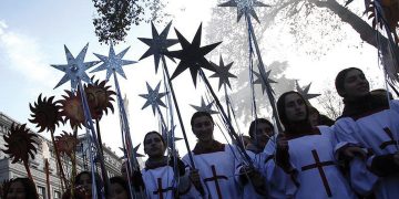 Participants march on the street during "Alilo", a religious procession, to celebrate the Orthodox Christmas in Tbilisi. Source: REUTERS/David Mdzinarishvili